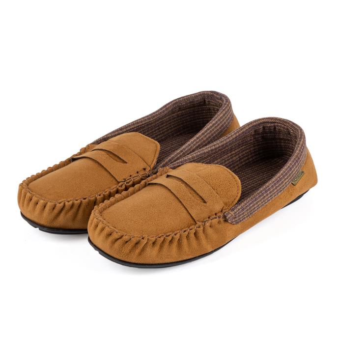 totes Mens Suedette Moccasin Slipper with Check Lining Biscuit
