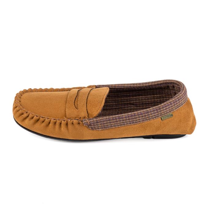 totes Mens Suedette Moccasin Slipper with Check Lining Biscuit