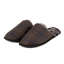 totes Mens Fur Lined Check Mule Slippers