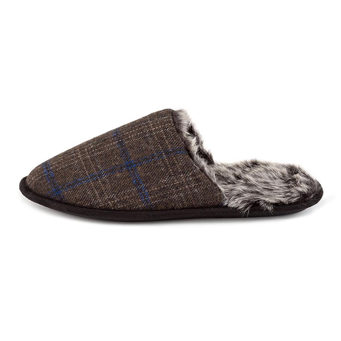 totes Mens Fur Lined Check Mule Slippers Brown Check