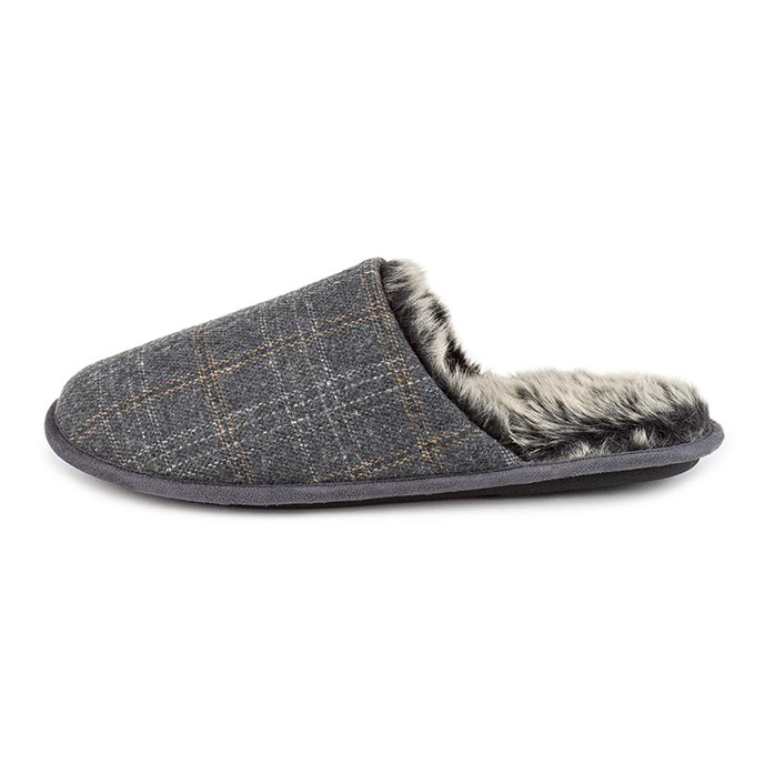 totes Mens Fur Lined Check Mule Slippers Grey Check