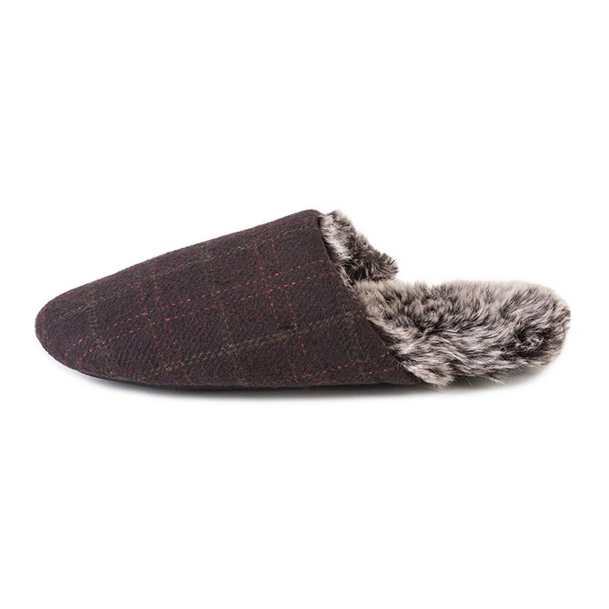 totes Mens Fur Lined Check Mule Slippers  Brown