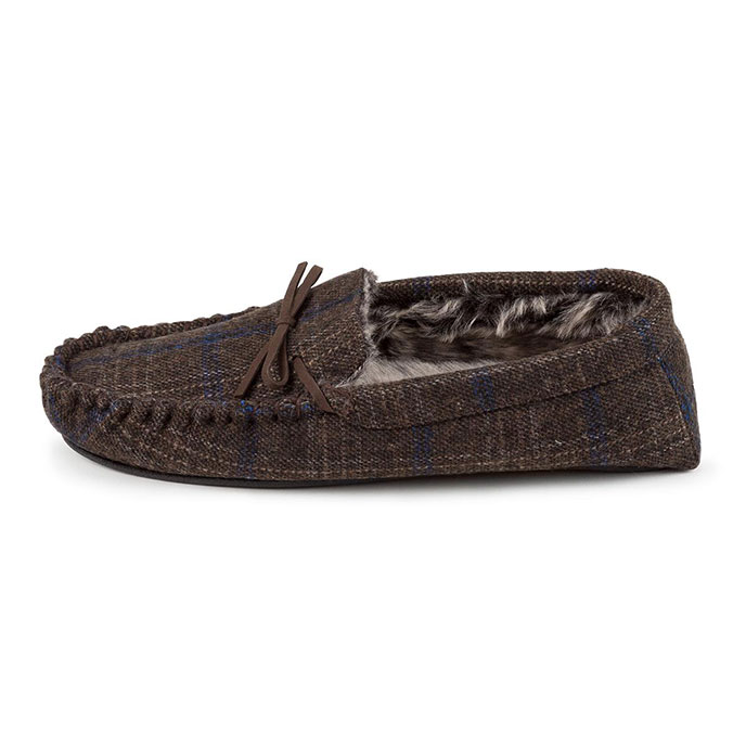 totes Mens Fur Lined Check Moccasin Slippers Brown Check