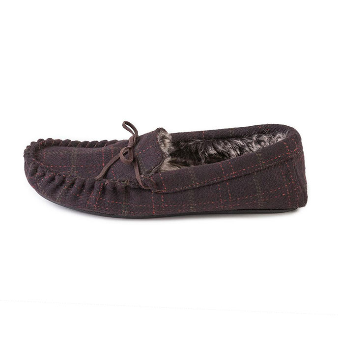 totes Mens Fur Lined Check Moccasin Slippers Brown