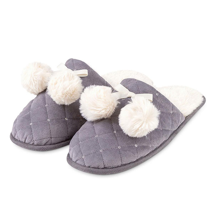 totes Ladies Quilted Mule Slipper With Fur Lining Grey