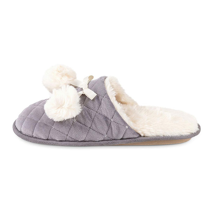 totes Ladies Quilted Mule Slipper With Fur Lining Grey