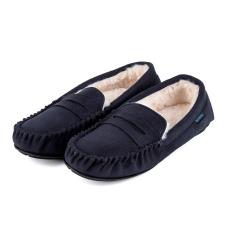 totes Mens Suedette Moccasin Slipper with Faux Fur Lining