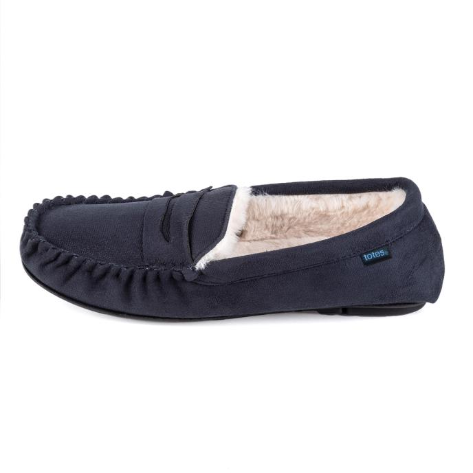 totes Mens Suedette Moccasin Slipper with Faux Fur Lining Navy