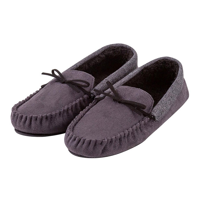 totes Mens Contrast Cuff Suedette Moccasin Slipper Grey