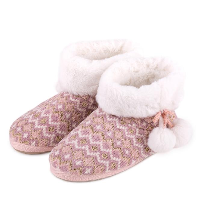 totes Ladies Fair Isle Knitted Boot Slipper Pink Multi