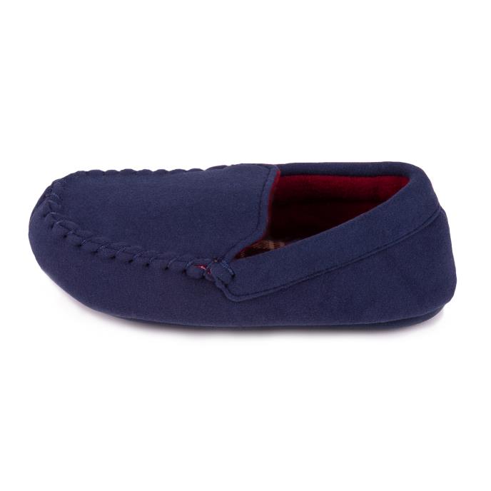 totes Childrens Moleskin Moccasin Slipper with Contrast Check Lining Navy
