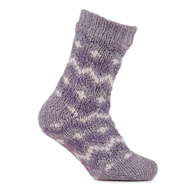 totes Ladies Fair Isle Chenille Slipper Socks Lilac