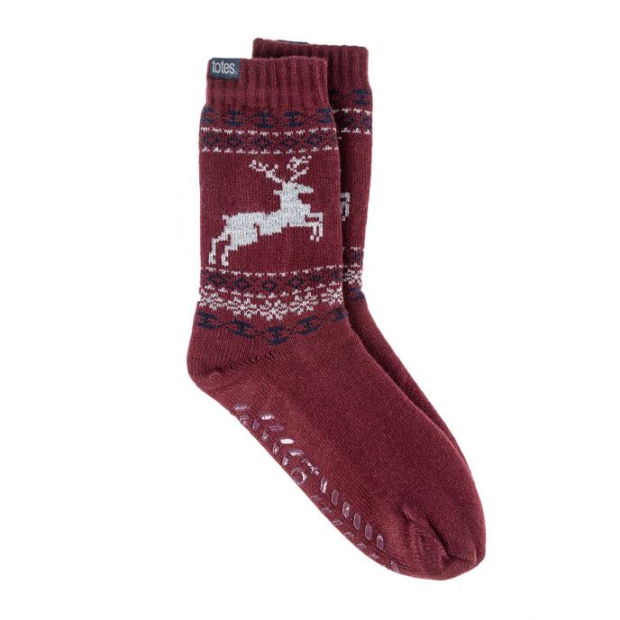 totes toasties Mens Fairisle Stag Slipper Sock with Sherpa Lining Burgundy