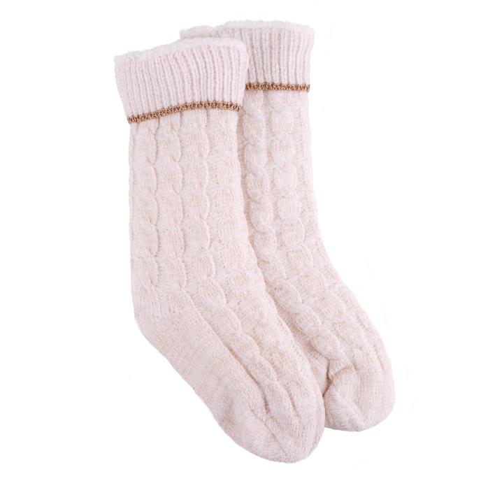 totes Ladies Sherpa Lined Chenille Cable Slipper Socks Cream