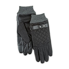 Isotoner Mens Smartouch Quilted Gloves with Rib Cuff and Leather Strap  Black