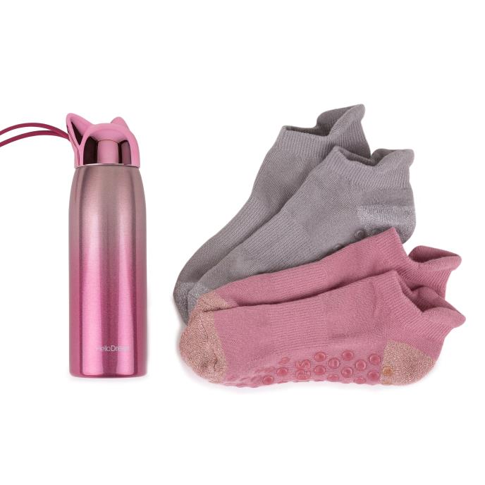 totes Ladies Stainless Steel Bottle & Yoga Socks Set Pink