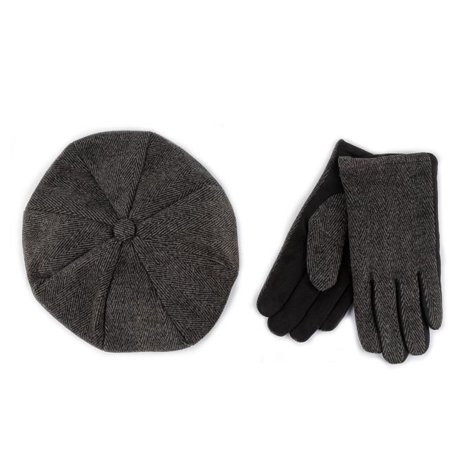 totes Mens Baker Boy Tweed Cap and Gloves Set with Suede Palm Black