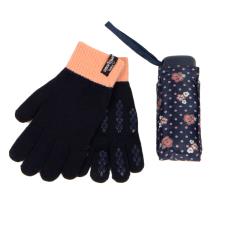 totes Compact Flat Damson Floral Dot Print &amp; Knit Glove Gift Set (5 Section)