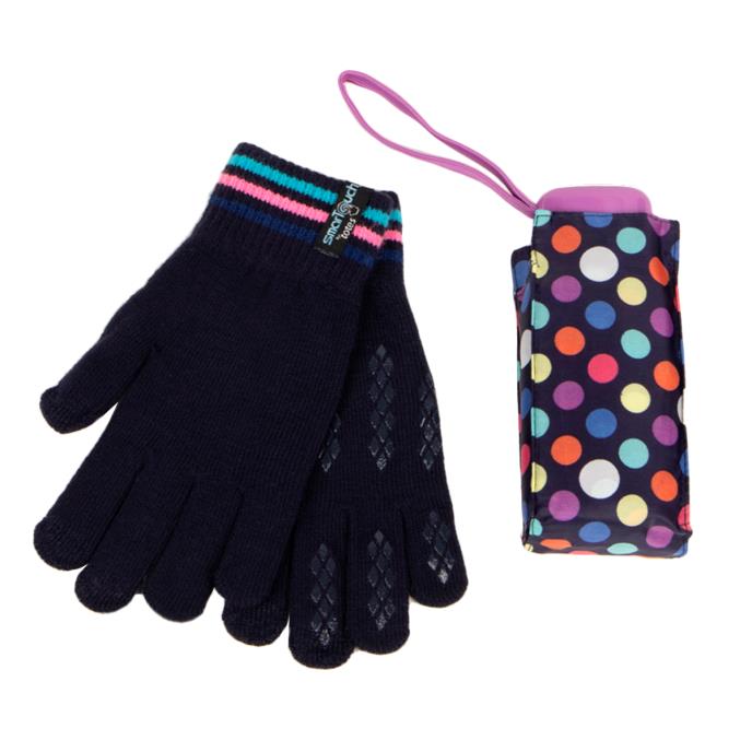 totes Compact Flat Navy Bright Dots & Knit Glove Gift Set (5 Section)