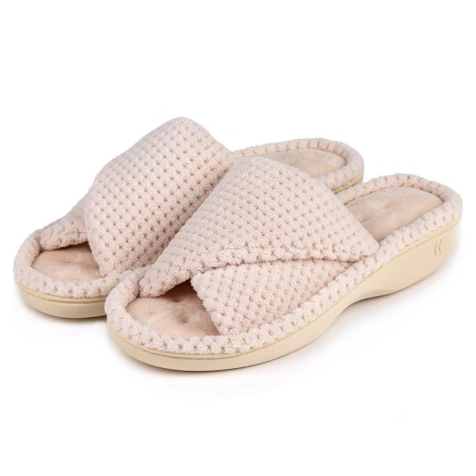 Isotoner Ladies Popcorn Turnover Open Toe Slippers Natural
