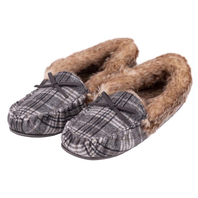Isotoner Ladies Check Moccasin Slipper with Tipped Faux Fur Cuff Grey and Cream Check