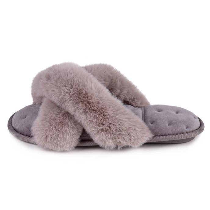 Isotoner Fluffy Cross Front Mule Slippers Grey