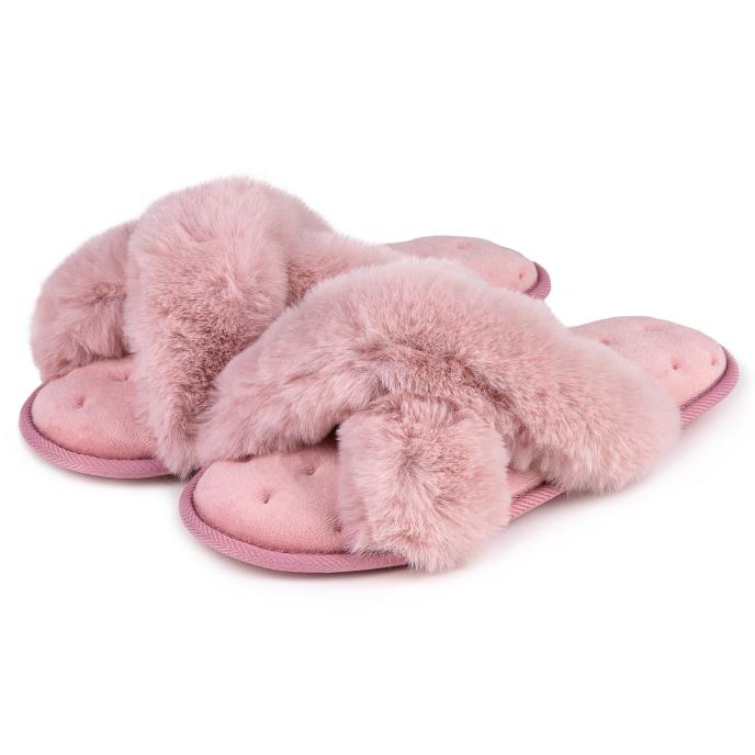 Isotoner Fluffy Cross Front Mule Slippers Pink