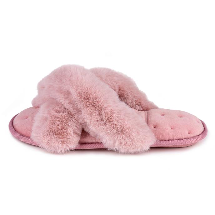 Isotoner Fluffy Cross Front Mule Slippers Pink