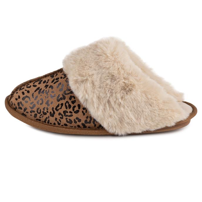 Isotoner Ladies Real Suede Mule with Fur Cuff Animal Print