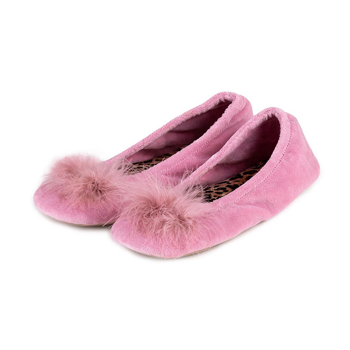 Isotoner Ladies Ballerina Slippers Dusky Pink with Animal