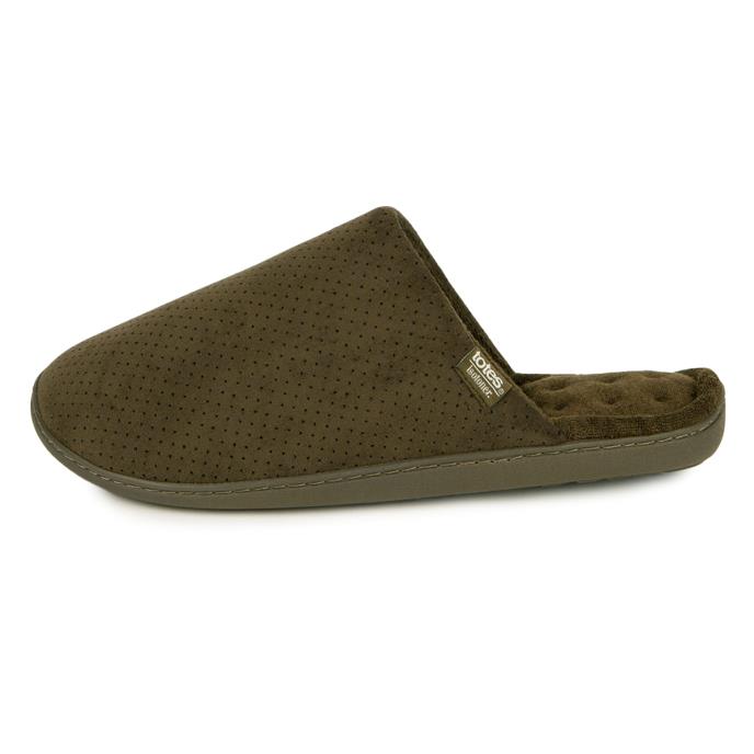 Isotoner Mens Perforated Suedette Mule Slippers Khaki